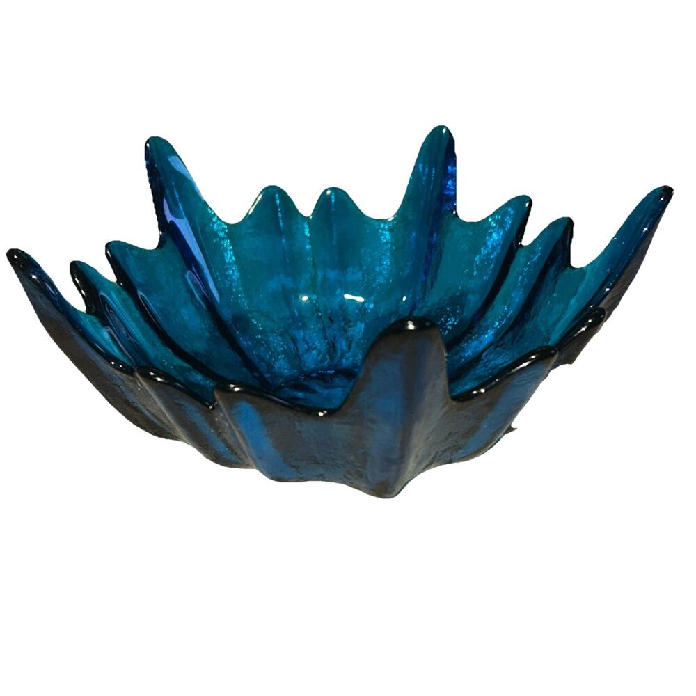 Vintage 70s Blue Viking Glass Free Form Textured Lotus Bowl